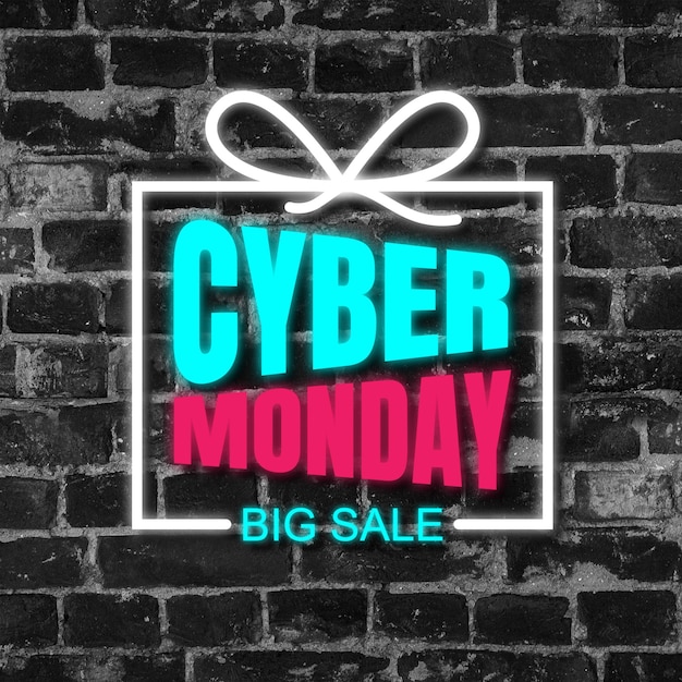 Cyber monday, sales concept. Neon lighted bright letters on brick wall background with gift illustration. Modern design. Black friday, sales, finance, advertising, money, finance, purchases concept.