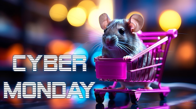 Cyber monday sales Funny background of a mouse in a shopping cart on a neon background Online shopping Generative ai