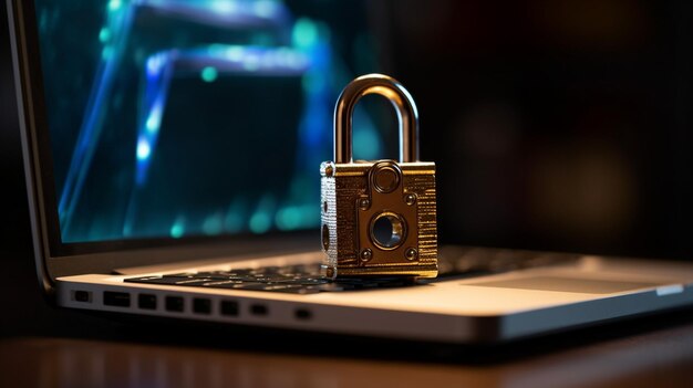 cyber online security with hightech padlock protecting a laptop computer on a desk generative ai