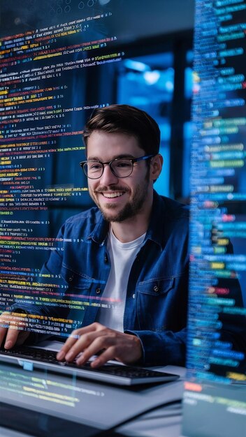 Cyber overlay screen and man on computer for coding website development ...