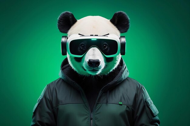 Foto cyber panda met vr-headset geïsoleerd op een groene simulatie metaverse achtergrond
