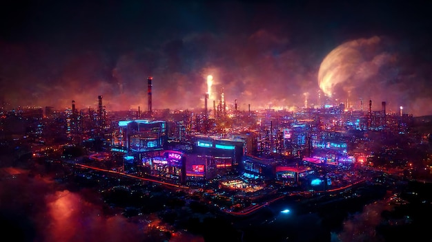 Cyber Punk Industrial Neon Night City Aerial Panoramic View Art Illustration