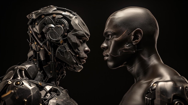 A Cyber Robot Man Athlete And A Common Man Athlete Facing Each Other