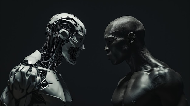 A Cyber Robot Man Boxer And A Common Man Boxer Facing Each Other