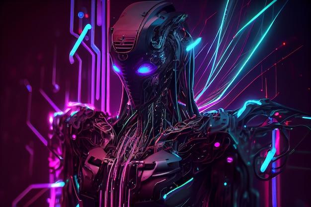 Cyber robot paars blauw neon verlichting illustratie Generatieve AI