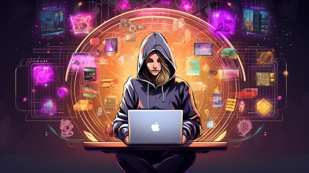 허디를 입은 사이버 보안 분석가 여성이 노트북에 앉아서 디지털 세계와 상호 작용하고 있습니다.