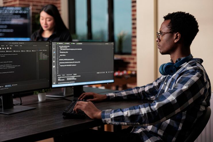 Photo cyber security company employee developing blockchain based database processing system. cybernetic officer coding a machine learning software to protect mainframe encrypted files.