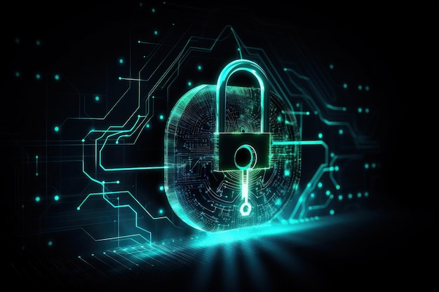 Cyber Security Concept Art Shield Key Lock, появляющийся на экране ноутбука на темно-синем фоне