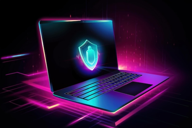 暗い青色の背景にノート パソコンの画面から出てくるサイバー セキュリティ コンセプト アート シールド キー ロック