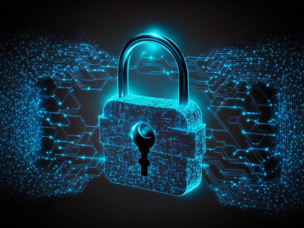 cyber security concept. closed padlock on circuit board background, generative ai
