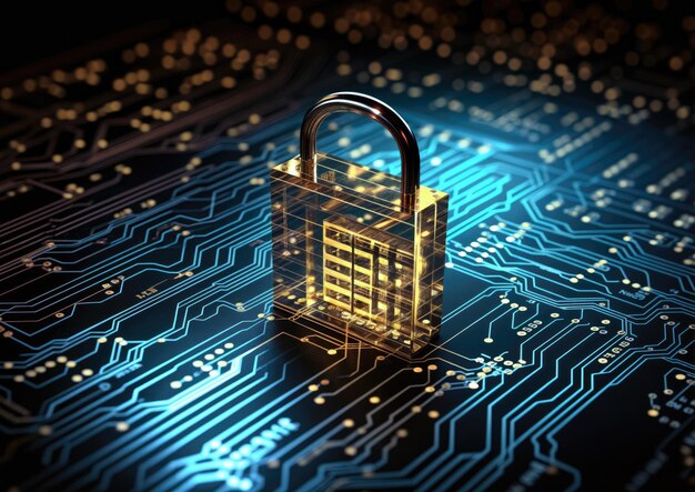 Cyber security concept closed padlock on electronic circuit board background