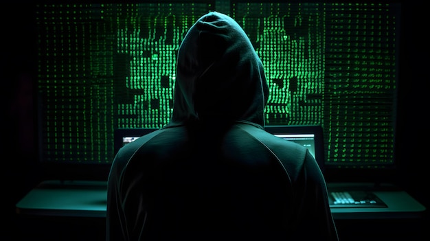 사이버 보안 개념 사이버 범죄 해커와 노트북 추상 바이너리 코드 디지털 인터페이스
