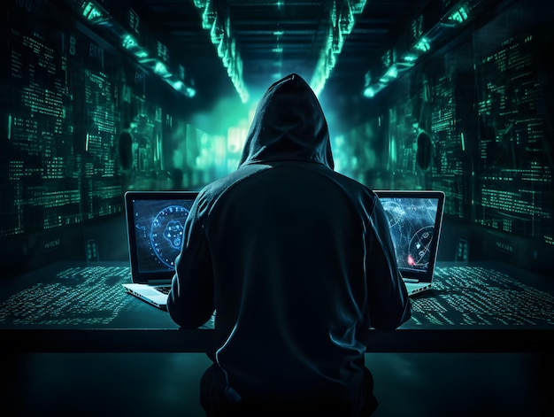 サイバーセキュリティの概念 サイバー犯罪 ハッカーとラップトップ 抽象バイナリコード デジタルインターフェース