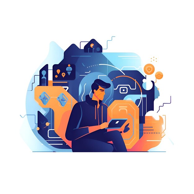 Cyber security concept illustration Cartoon flat design of hacker with tablet