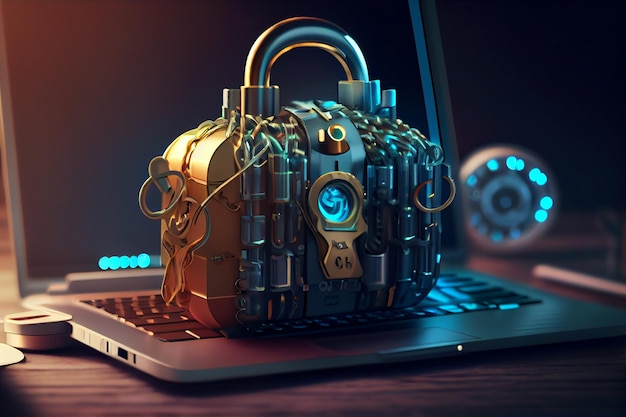 Cyber security concept Laptop and padlockgenerative ai