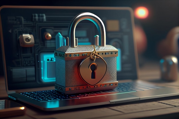 Concetto di sicurezza informatica laptop e padlockgenerative ai