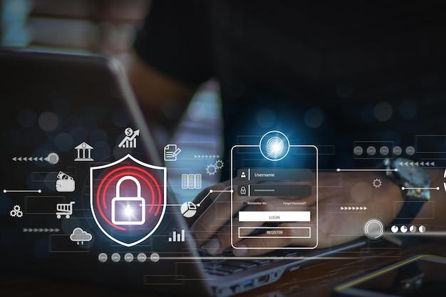 サイバーセキュリティの概念 ログイン ユーザー識別情報 セキュリティと暗号化 安全なインターネットアクセス サイバー安全 ユーザーの個人情報への安全なアクセス