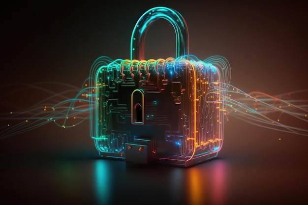 Cyber security concept neon padlock with intercom