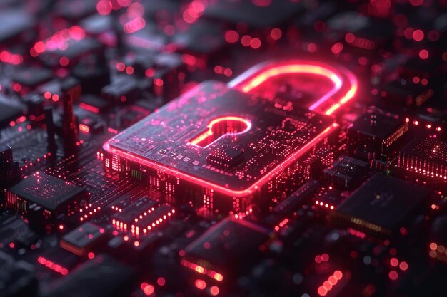 Cyber security concept Padlock glowing on computer circuit board