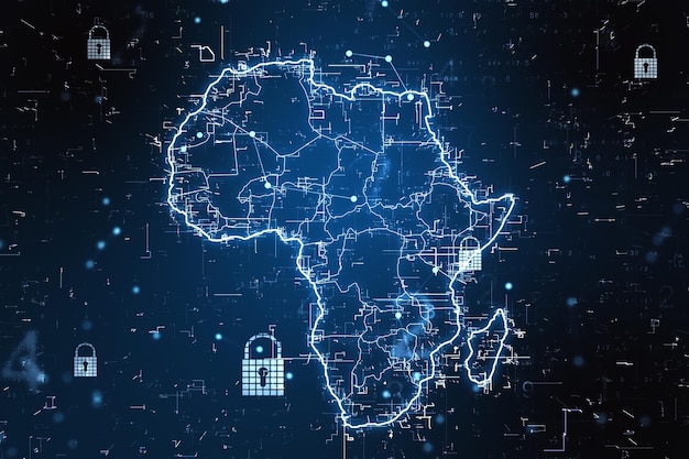 Cyber security concept with digital africa map with locks and\
glowing lines on abstract dark background