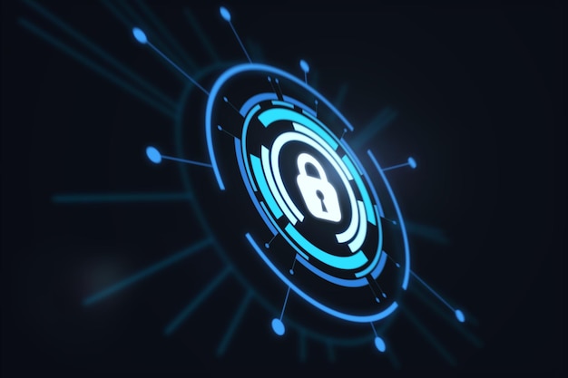 Cyber security concept with digital lock in glowing blue circles with rays on abstract dark background