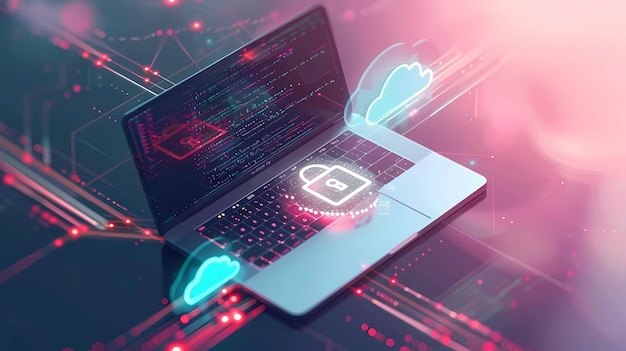 Cyber security concept with laptop and cloud computing icons 3D rendering