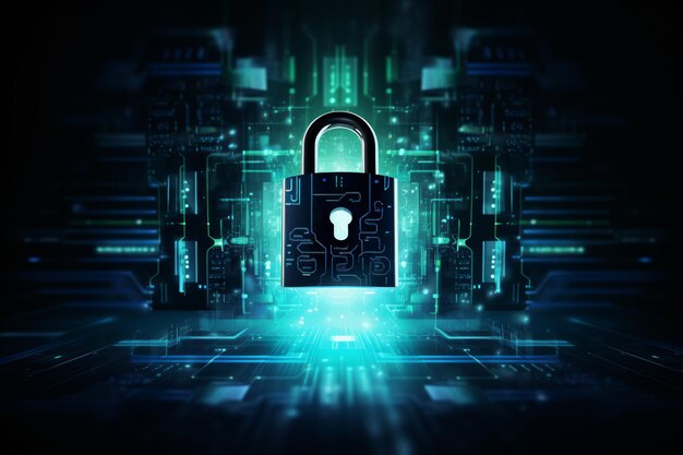 cyber security concept with padlock on circuit board background with ai generated