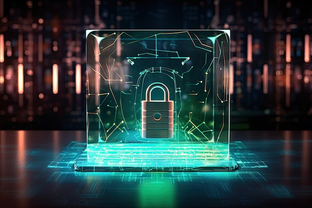 Cyber security concept with padlock on laptop screen 3D rendering Cyber security concept hologram by a picture on background with padlock AI Generated