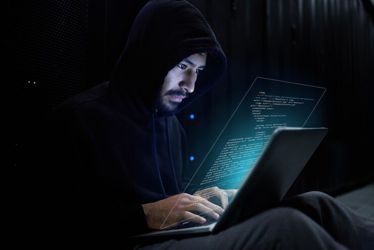 फोटो cyber security crime and hacker with laptop coding malware in data center stealing sensitive digital information technology software and man hacking in database to update ransomware on website