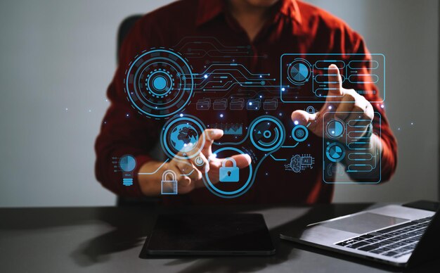 Cyber security data protection Business working on compute Intelligenc digital tablet global network connection data science digital marketing Investment global in officexA