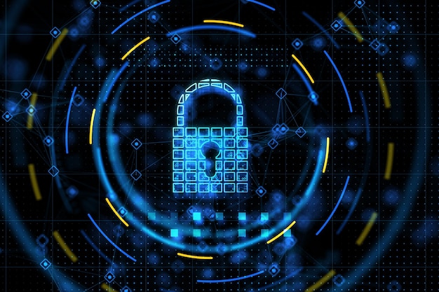 Photo cyber security and data protection concept with digital graphic glowing blue lock symbol with keyhole surrounded in abstract blue and yellow circles 3d rendering