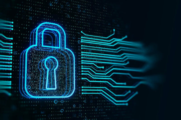 Cyber security and data protection concept with digital pad\
lock symbol between computer microcircuit wires on dark\
technological background 3d rendering