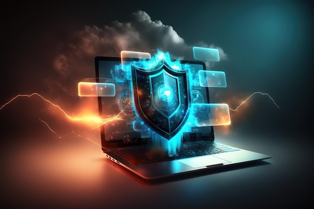 파란색 배경에 사이버 보안 데이터 보호 사이버 공격 개념