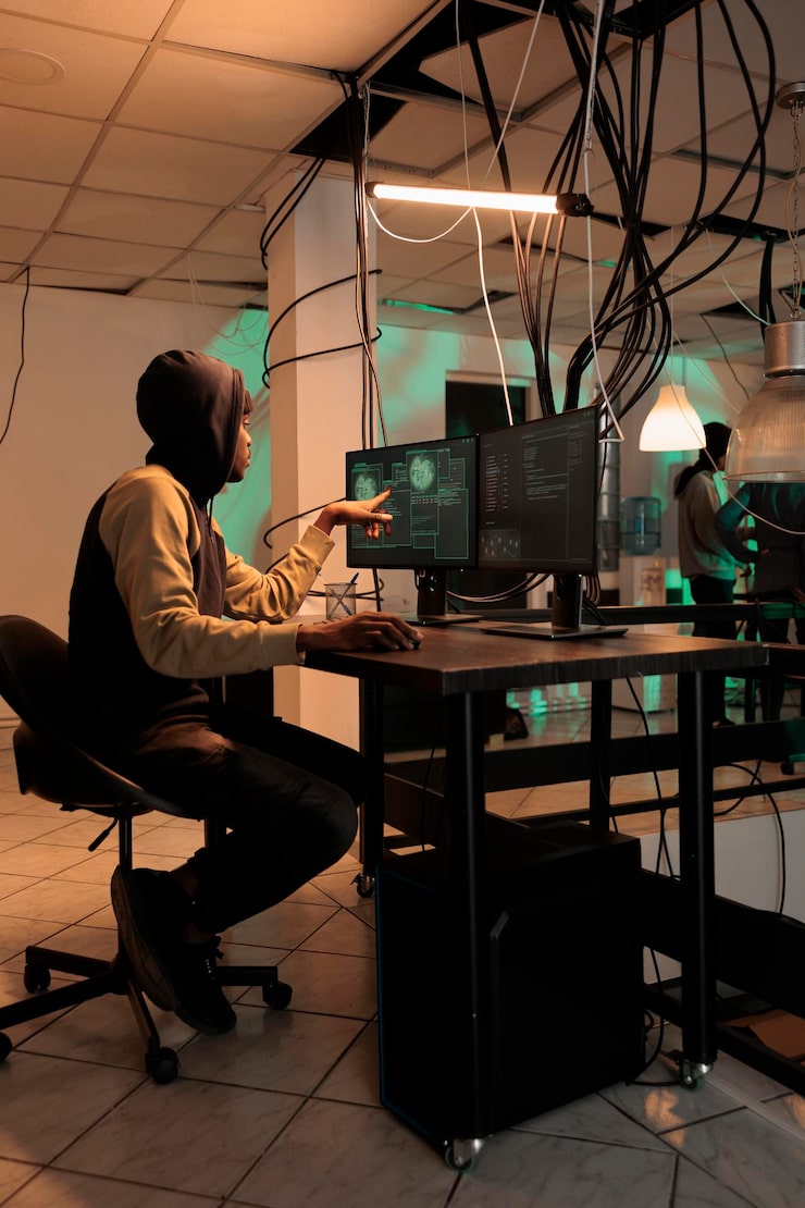 Photo cyber security, encryption specialist fixing database cyberattack, developer coding antivirus program. african american coder programming app, cybersecurity technology, computer system protection