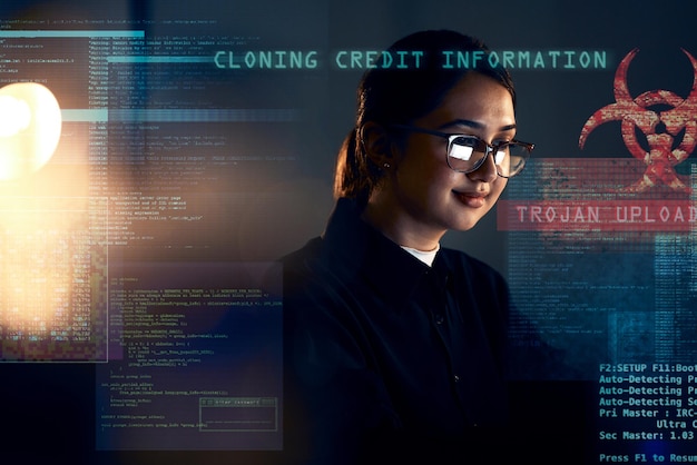 Cyber security hacker and night with woman and coding for software digital transformation and phishing Cloud computing matrix and website with programmer for password technology or data hacking