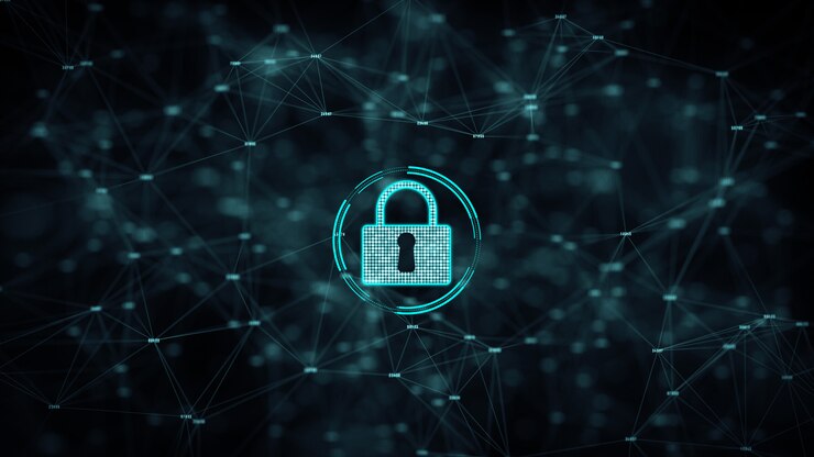 Cyber security and information network protection with lock icon. 