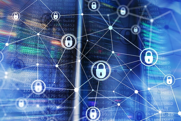 Foto concetto di protezione dei dati sulla privacy delle informazioni sulla sicurezza informatica sullo sfondo della moderna sala server concetto di internet e tecnologia digitale