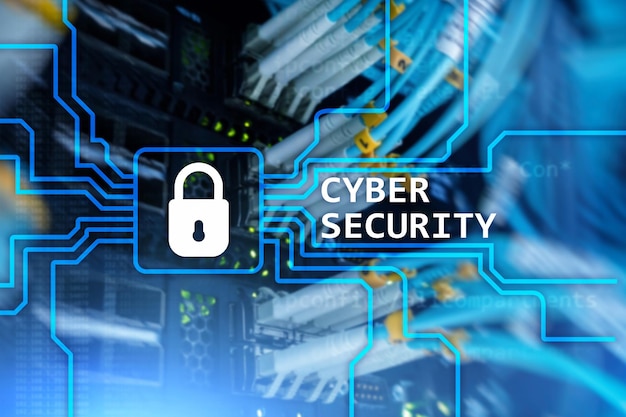 サーバールームの背景にあるサイバーセキュリティ情報のプライバシーとデータ保護の概念