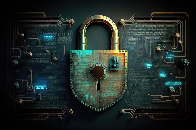 Cyber security information security and encryptions generative AI Cybersecurity illustration with hightech padlock protecting a laptop computer and electronic online information symbols graphics