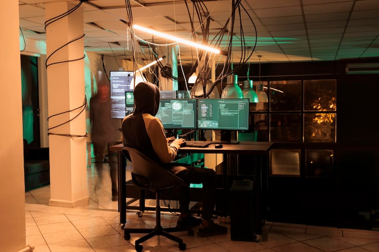 Photo cyber security, it specialist coding antivirus program, data protection. software developer programming malware, cybersecurity technology, encryption, application development