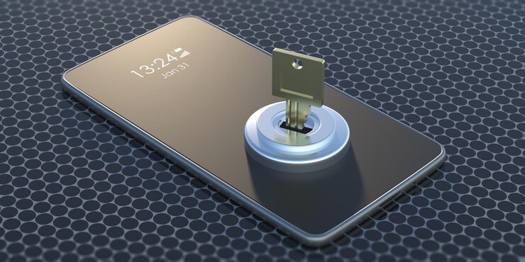 Фотография ключ кибербезопасности в замке на смартфоне 3d иллюстрация