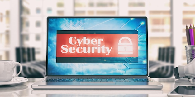Photo cyber security on laptop in an office 3d illustration