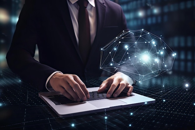 サイバー セキュリティ ネットワーク ラップトップ デジタル セキュリティの概念を使用するビジネスマン生成 AI