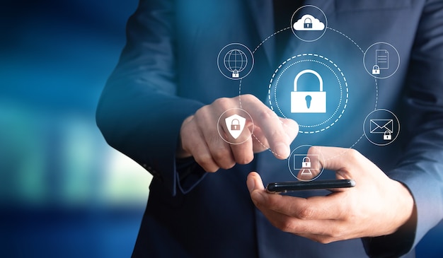 cyber security network concept, man hand protection network with lock