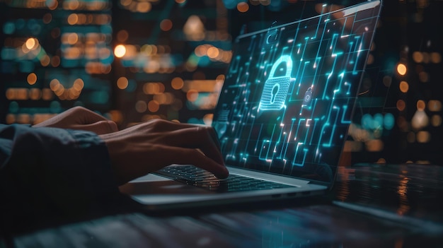 cyber security network data protection concept businessman using laptop computer with digital padlock on internet technology networking with cloud computing and data management cybersecurity