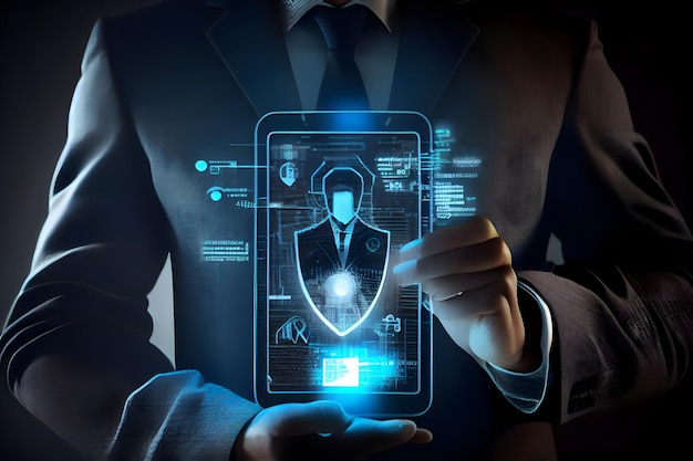 cyber security network data protection concept businessman using tablet computer with digital padlock on internet technology networking with cloud computing and data management ai generative