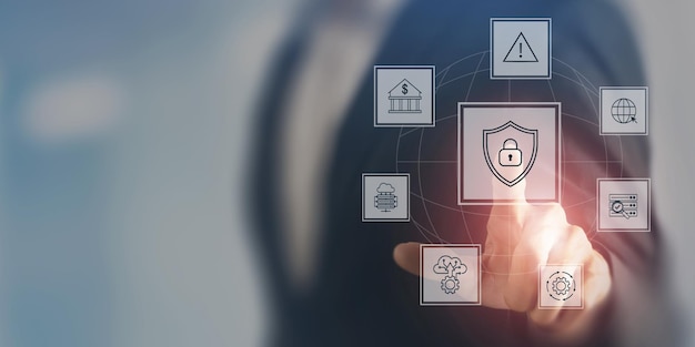 cyber security network and data protection in financial business concept businessman managing data and system to safeguard sensitive information from cyber threats and maintain trust in the industry