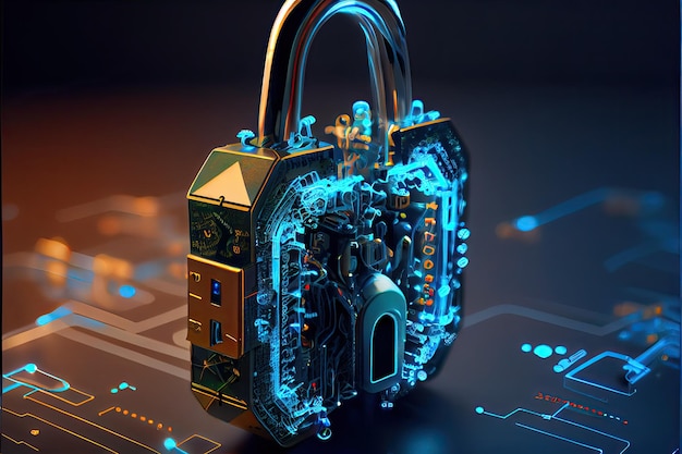 Цифровой замок сети кибербезопасности с технологией защиты данных, сетью и социальной сетью