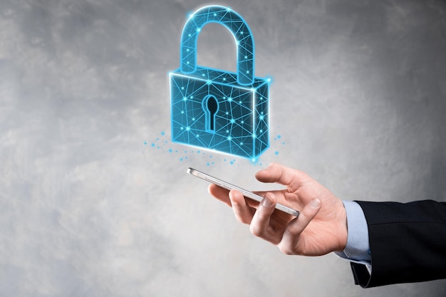 cyber security network. padlock icon and internet technology networking. businessman protecting data personal information on tablet and virtual interface. data protection privacy concept. gdpr. eu.