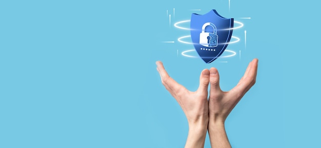 Foto rete di sicurezza informatica icona del lucchetto e rete della tecnologia internet imprenditore che protegge i dati informazioni personali interfaccia virtuale protezione dei dati concetto di privacy gdpr eudigital crime